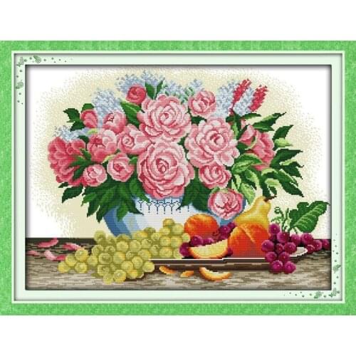 Peony Fruits Aida Flower Cotton Canvas Cross Stitch Kits Accurate 11CT Printed Embroidery DIY Handmade Needle Work Home Decor