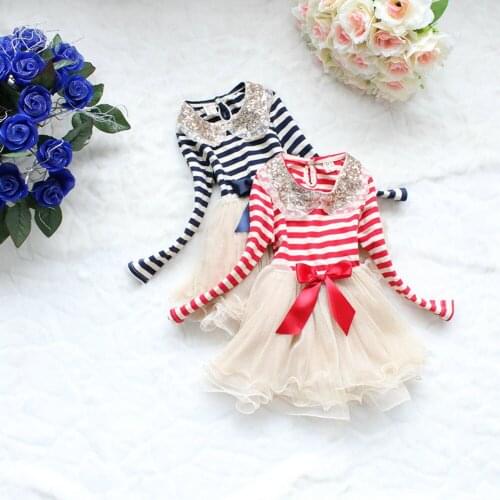 Popular Girl Toddler Sequins lace collar striped veil Party Tutu dress YF063