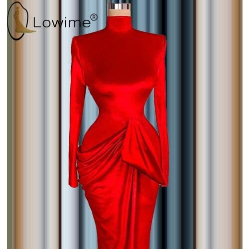 Simple Red Long Sleeve Evening Dresses 2021 Muslim High Neckline Mermaid Satin Prom Party Gowns Custom Made