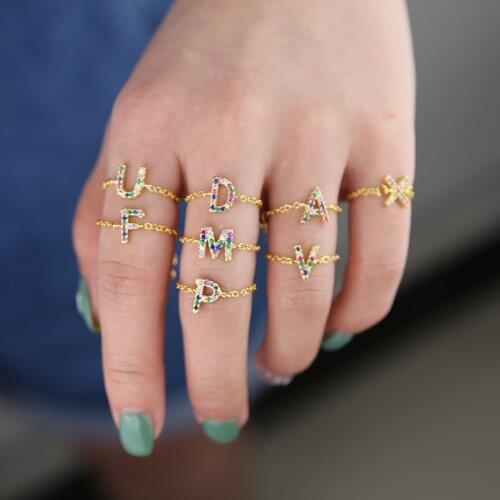 Alphebet Charm Cute Micro Pave Rainbow Cz Letters Top Quality Link Chain Meanning 2021 Latest Design Gold Minimal Chain Rings