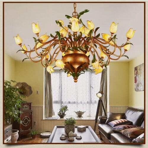 Glass Flowers Chandeliers American Vintage Garden Artistic Suspension Lighting Restaurant Villa Art Deco Hanging Lamp