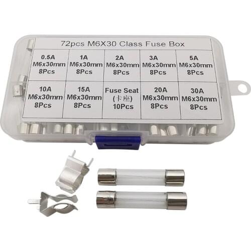 72Pcs/Box Glass Fuses M6x30mm Fast-Blow Fuse 0.5A 1A 2A 3A 5A 10A 15A 20A 30A Glass Tube Fuses Household Fusiveis Assorted Kit