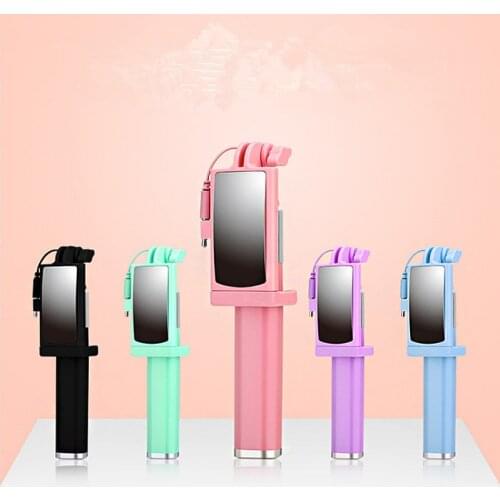 Universal Mini Selfie Stick with Mirror 360 Rotatable Foldable Portable Extendable Wired Self Stick for Samsung Huawei Xiaomi