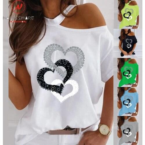 Fashion Women Summer Casual Loose T-Shirts Hollow Out Design O-Neck Short Sleeve Heart Print Pullovers Tpo for Streetwear