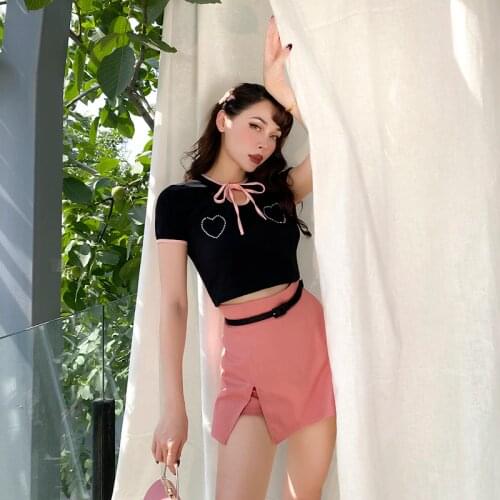 2020 New All Match Sweetheart Flash Diamond Short T-shirt Pink Edge Patchwork O-Neck Tether Tight Elastic Cotton Tshirts Women