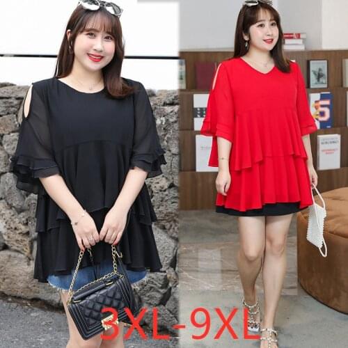 New 2021 summer plus size tops for women large loose casual short sleeve red black ruffle chiffon shirt 4XL 5XL 6XL 7XL 8XL 9XL