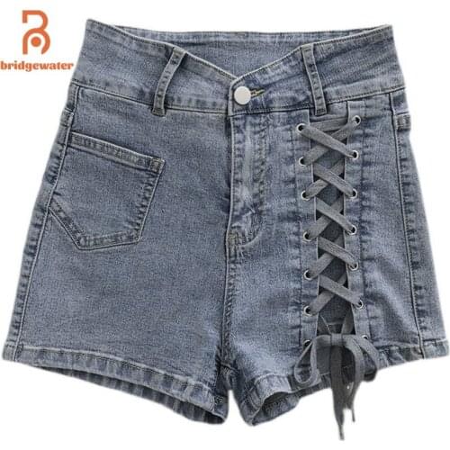 Bridgewater Summer Lace Up Cross Denim Shorts Women High Waist Wide Leg Jeans Plus Size Fashion Pants Hip Hop Goth Streetwear
