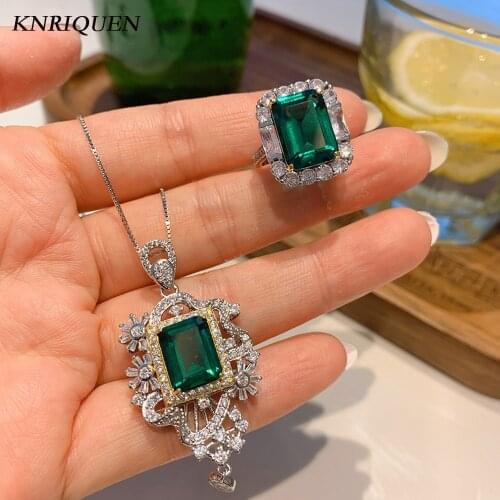 2021 Vintage Emerald Gemstone Ring Pendant Necklace for Women Real 100% 925 Sterling Silver Jewelry Sets Anniversary Gift