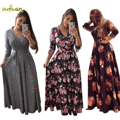 Womens Printed Dress Fashion Big Skirt With Waistband Tie Up Skirt Autumn 2020 Long leeve Deep V-neck Pullover Skirt Plus Size