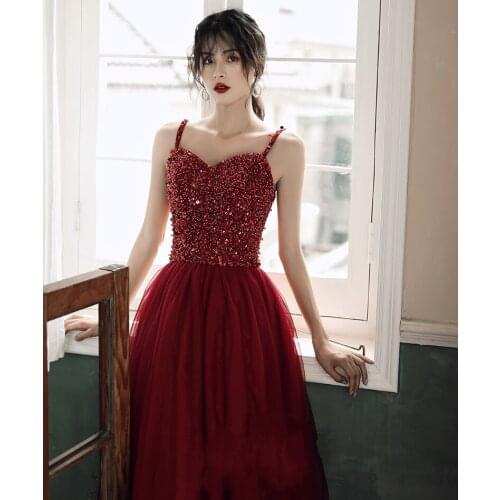 Sexy Sweetheart Straps Long Evening Dress 2020 Burgundy New Arrivals Backless Sparkly Beading Prom Party Gowns Abendkleider Lang