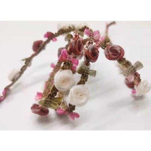2 Yards Woven Rococo Ribbon Trim with Pink Rose Flower Buds|Decorative Floral Ribbon|Scrapbook Materials|Clothing|Decor