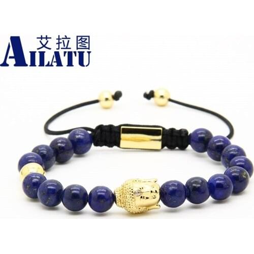 Ailatu Religious Jewelry Wholesale 10pcs/lot 8mm Lapis Lazuli Stone Beads with Dignified Clear Cz Buddha Head Macrame Bracelets