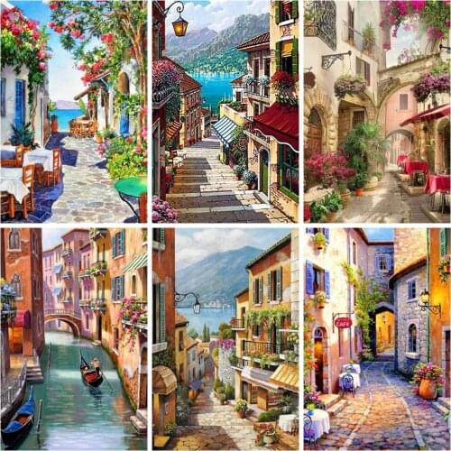 Huacan 5D Full Diamond Painting Street Town Diamond Mosaic Cross Embroidery Kit Landscape Gift Crafts Decorative Paintings