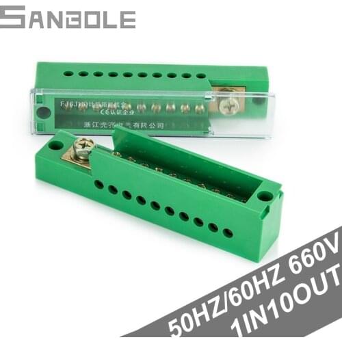 Terminal Block Row Single phase One-in Ten-out Green Connection Distribution Box Power Cabinet Zero Line Box Brass