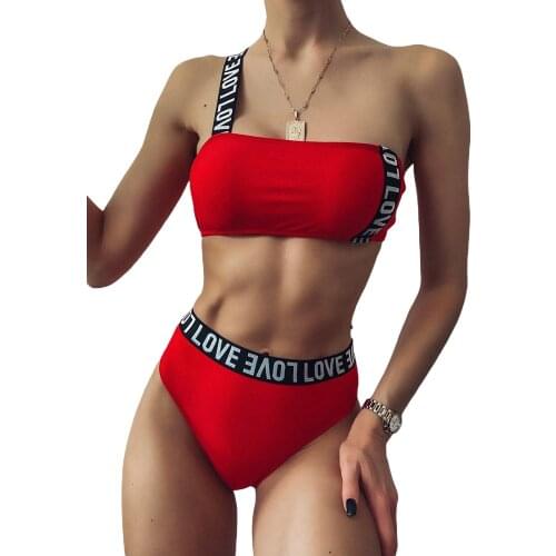 Womens Sports Style 2Pcs Bikini Suit One Strap Bustier Tops with High Waist Triangle Bottoms Patchwork Swimwear