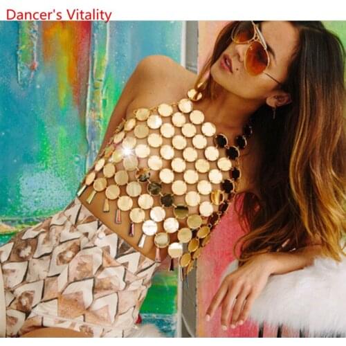 Bar DS Performance Costume Nightclub Lady Singer DJ Sexy Metal Chain Sequin Tassel Sling Backless New Stage Wear Pole Dancewear