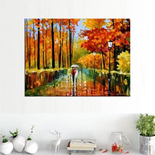 Palette Knife Oil Painting on Canvas Romantic Walking Couples Canvas Art Autumn Painting Living Room Wall Decor