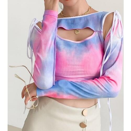 Fashion Casual Long Sleeve Bandage Female T Shirt Office Lady High Street Sexy Hollow Out Soft Cotton T Shirt Women