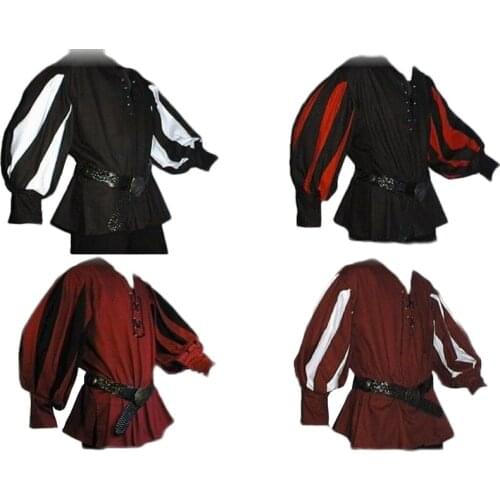 New Mens Medieval Warrior Knight Tunic Shirt Lansquenet Larp Pirate Costume Black Lace-Up Top Clothing For Paladin Plus Size