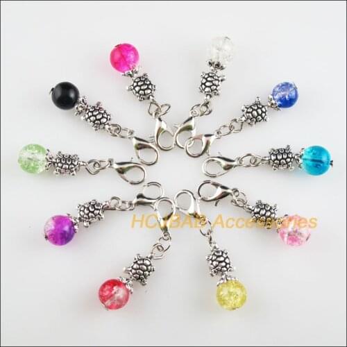10Pcs Tibetan Silver Tone Tortoise Retro Mixed Ball Glass 9x29mm With Lobster Claw Clasps Charms