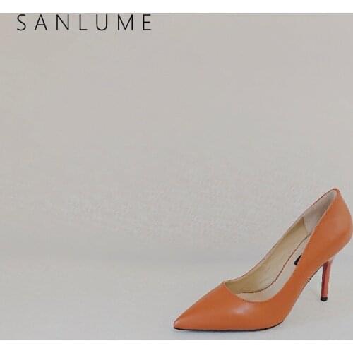 SANLUME Summer Shoes Woman High Heel Pumps Women Sandals Genuine Leather Pointed Toe Slip On Party Ladies Sexy Thin Heels