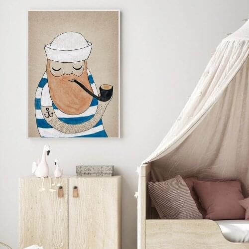 Sailor Long Beard Cute Man Smoking Pipe Canvas Painting Wall Art Nordic Posters and Prints Wall Pictures for Living Room Decor
