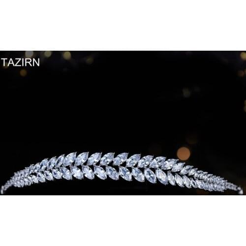 Trendy Cubic Zirconia Leaves Shape Wedding Bridal Tiaras CZ Pageant Hair Jewelry Zircon Birthday Party Headpieces Gift for Girls