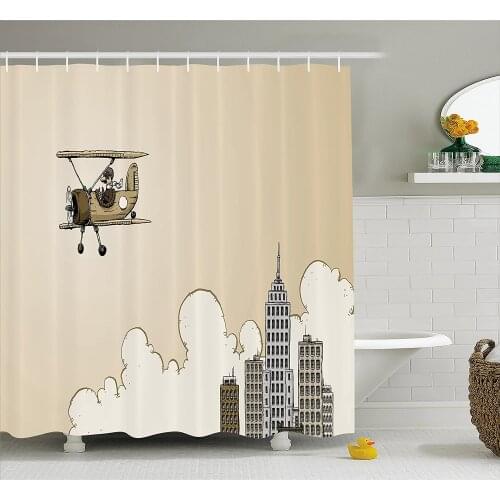 Vintage Airplane Decor Shower Curtain Cartoon Style Biplane Modern City Clouds High Rise Buildings Home Decor Bathroom Curtains