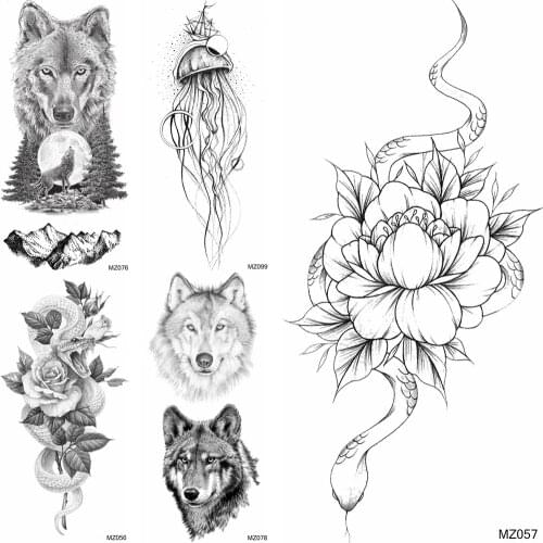 Black Snake Flower Temporary Tattoos Waterproof Wolf Jellyfish Mountain Tatoos For Women Men Body Art Tatoos Fake Fashion Tatoos