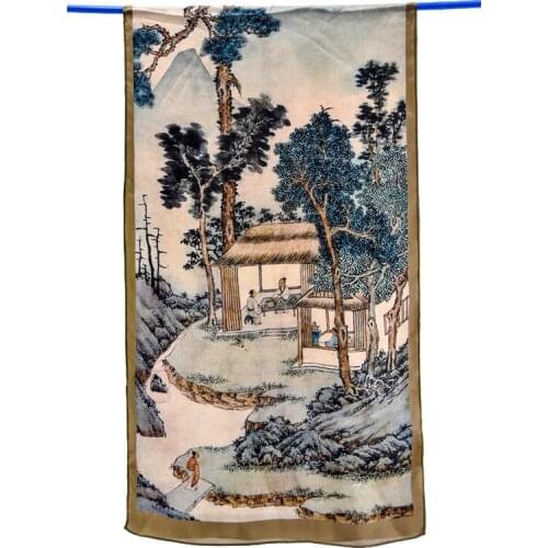 Yilijin 100% Natural Silk Scarf for Women Famous Chinese Paintings Digital Printed Art Silk Shawl and Wrap 160x45cm