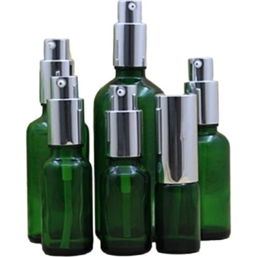 Green Glass Cosmetic Packaging Bottle Silver Spray Lotion Pump Empty Essential Oil Vials 100ML 50ML 30ML 20ML 15ML 10ML 5ML15pcs