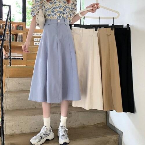 Plus Size Women High Waist Casual Skirts New Arrival 2021 Summer Korean Style Solid Color Ladies Elegant A-line Long Skirt W413