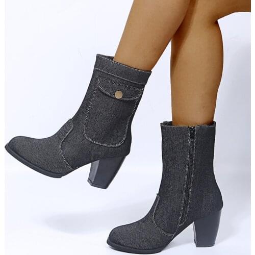 Blue jeans boots Womens Mid-rise Rome Solid Slip-On Chunky Med Heels Boots wild vintage Large Size Ladies shoes