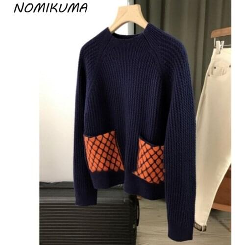 Nomikuma Woman Sweaters Korean Contrast Color Pockets Knitted Tops Causal Long Sleeve O-neck Pullover Knitwear 2021 New 6Z269