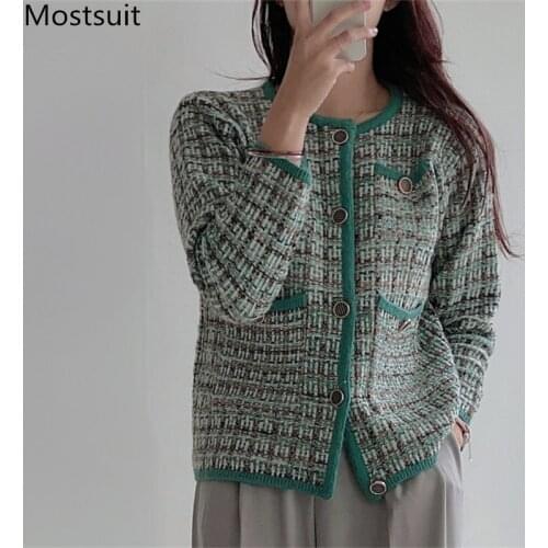 Vintage Elegant Single Breasted Women Sweater Coat 2020 Autumn Winter Long Sleeve O-neck Knitted Jacket Korean Ladies Tops