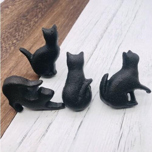 2PCS Black Matte Cast Iron Made Cute Cat Drawer Wardrobe Cabinet Cupboard Kids Room Door Handles Knob