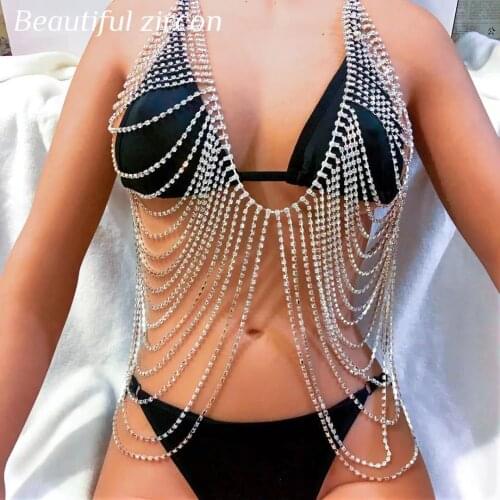 2021 fashion sexy multi-layer Rhinestone tassel skirt and top large bra womens thong shiny crystal skirt new body chain jewelry