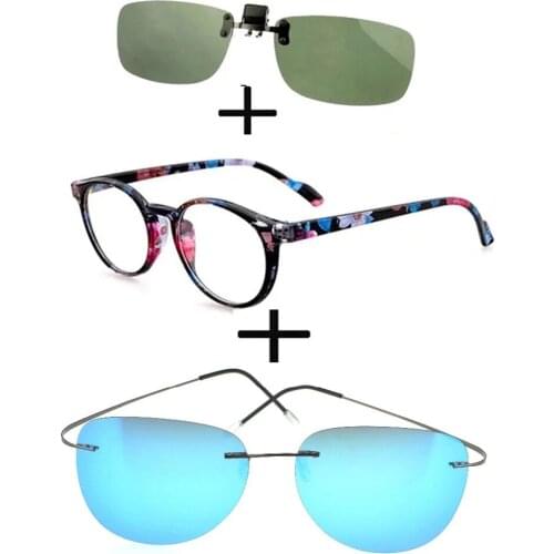 3Pcs!!! Retro Round Light Reading Glasses for Men Women + Polarized Sunglasses Alloy Sports Driving + Sunglasses Clip