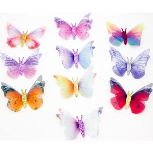 50PCS Gradient Color Organza Fabric Butterfly Appliques 50mm Translucent Chiffon Butterfly for Party Decor, Doll Embellishment