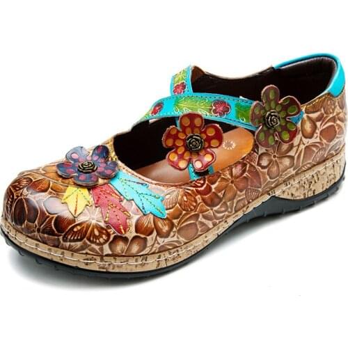 Genuine Leather Ballet Flats Womens Single Shoes Non-slip Flower Casual Shoes Vintage Round Toe Slip-On Loafers Chaussure Femme