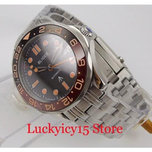 BLIGER Mechanical Wristwatch Men Sapphire Glass GMT Hand Ceramic Bezel Steel Band Date Window