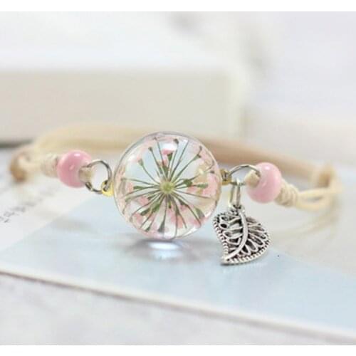 Handmade Glass Ball Bracelet Romantic Dry Flowers Bracelet Boho Vintage Charm Weave Adjustable Bracelets For Pretty Girls Gift