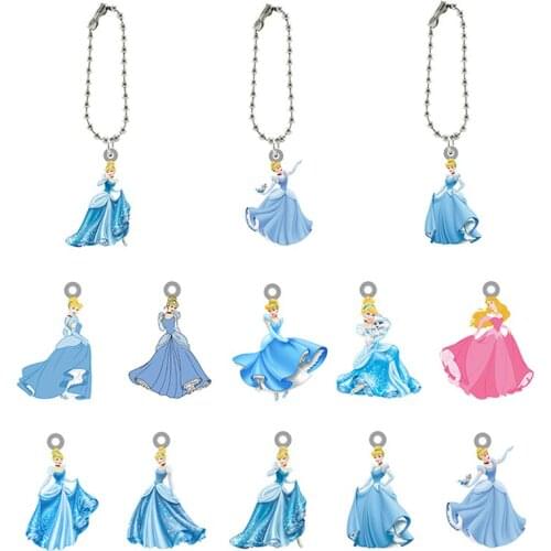 Disney Cinderella Princess Characters Resin Cattoon Pendant Keychains Acrylic Doll Key Chain Girls Bag Pendant Jewelrys PRS185