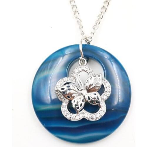 FYSL Silver Plated Butterfly Stripe Blue Agates Round Hollow Pendant Turquoises Stone Necklace Trendy Jewelry
