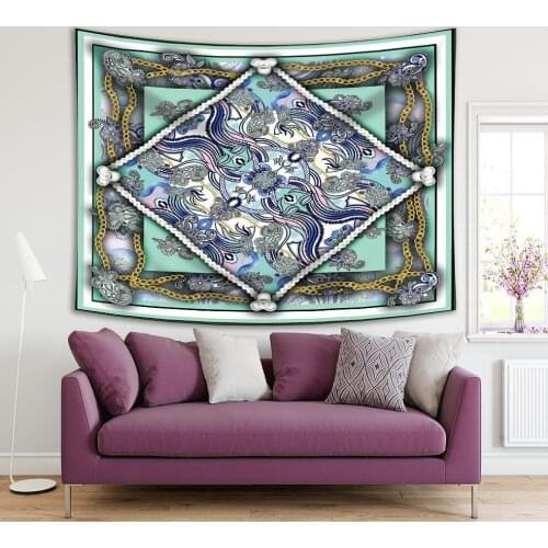 Tapestry Classic Floral Curvy Lines Gold Chain Patterns Scarf Fabric Design Printed Blue Green Yellow