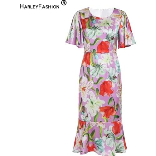 HarleyFashion Unique Flower Patter Elegant Parire Chic Mermaid Dress Ruffle Short Sleeve Summer Quality Female Dresses