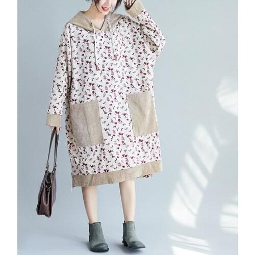 Johnature Autumn Comfortable Vintage Floral Print Patchwork Corduroy Pockets Hooded Dress 2021 New Loose Irregular Women Dresses