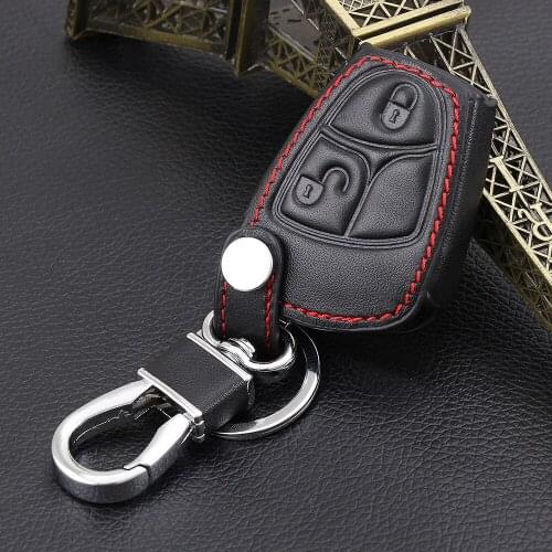 VCiiC Leather Remote Key Cover Case For Mercedes Benz B C E ML S CLK CL Classe 2 Buttons Car Key KeyChain Fob with Key Ring