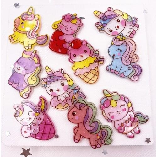 Colorful Mix Lovely Glitter Unicorn Flatback Acrylic Sheet plane Miniature Pattern Applique DIY Scrapbook Craft Supplies SJ151