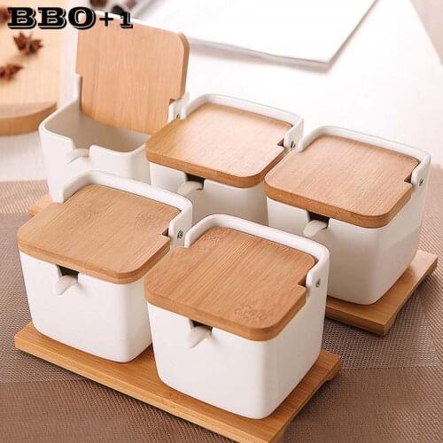 Kitchen Spice Pot Porcelain Sugar Salt Storage Pepper Jars Container Lid Spoon Box Ceramic Bamboo Cover Condiment Seasoning Rack